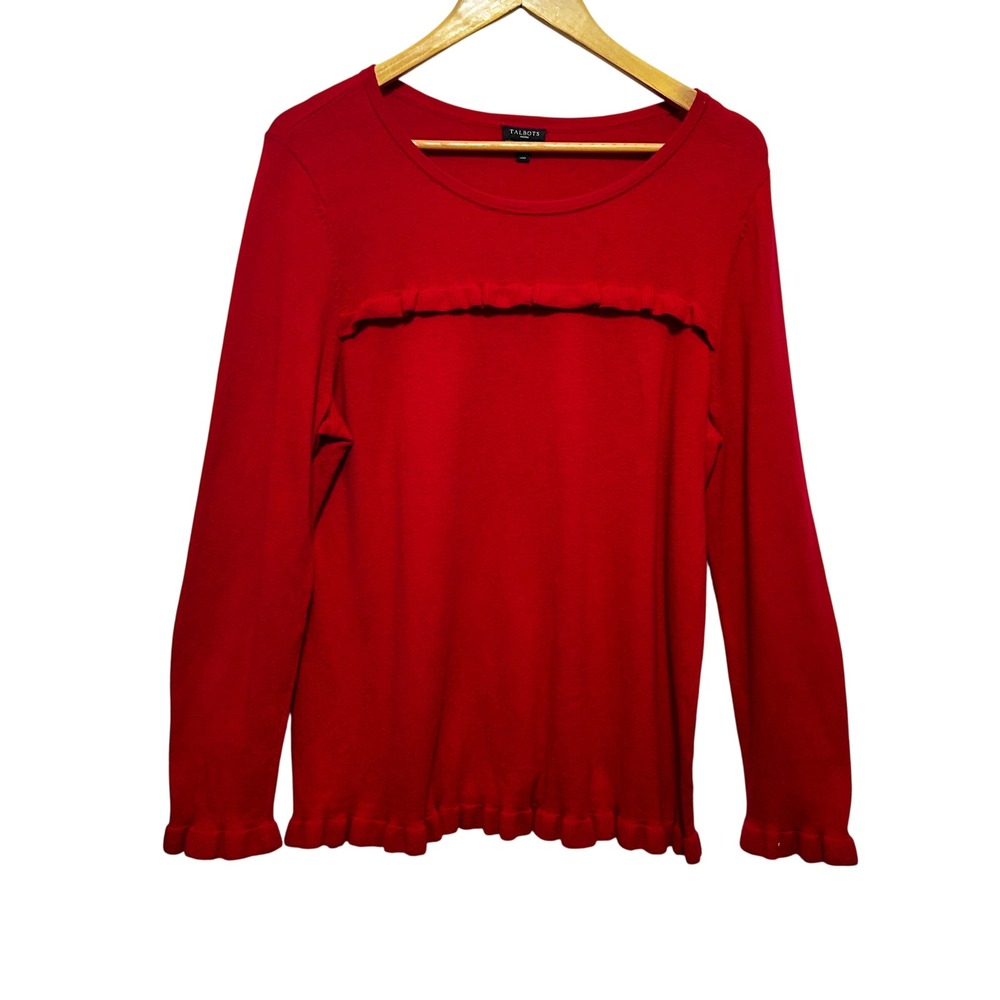 Talbots Women Coquette Romantic Preppy Ruffle Trim Sweater 1X Red Cashmere Blend